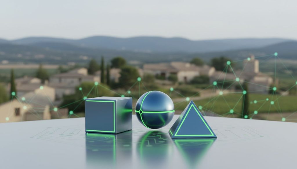 Trois formes géométriques réfléchissantes - un cube, une sphère et un triangle - soulignées de vert fluo, reposent sur une surface lisse avec des motifs de circuits, évoquant le monde numérique de la création de site internet. Un paysage de campagne flou apparaît à l'arrière-plan.
