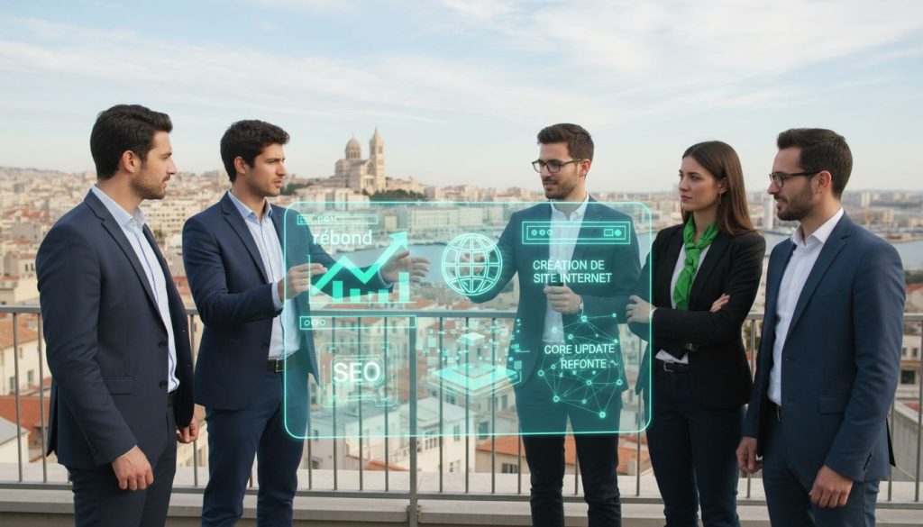 Un groupe de personnes se tient sur un balcon et regarde un écran, discutant de la création de site internet et des dernières stratégies de leur agence web.