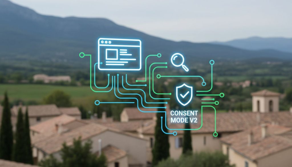 Les icônes numériques d'une fenêtre de navigateur, d'une loupe et d'un bouclier étiqueté Consent Mode V2 sont superposées sur un paysage flou, avec des lignes de connexion symbolisant le flux de données - un visuel parfait pour une agence web spécialisée dans le référencement SEO.
