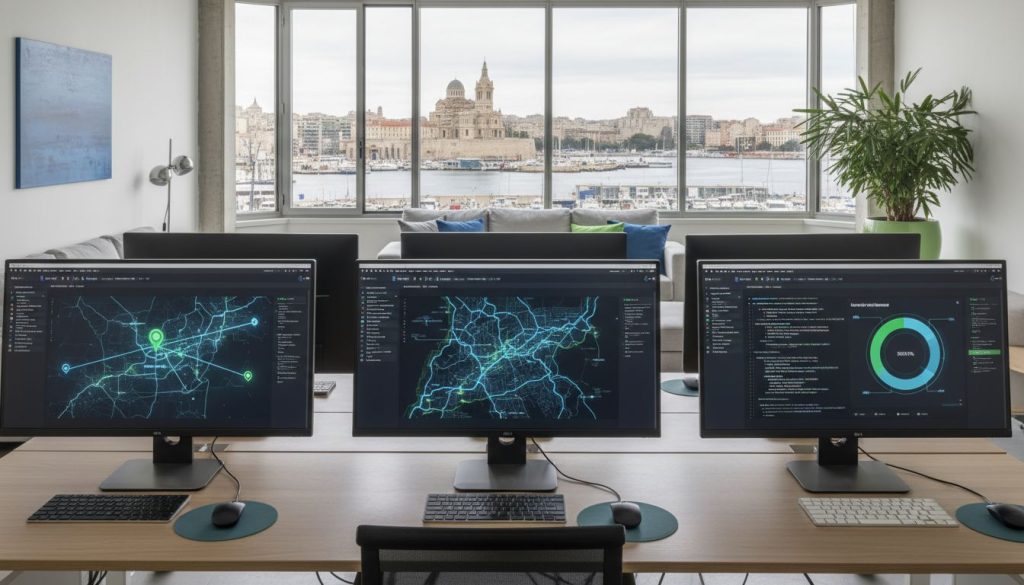 Trois grands écrans sur un bureau affichent des cartes et des analyses de données dans un bureau moderne d'agence web avec de grandes fenêtres donnant sur le port de la ville et les bâtiments historiques. Une plante et un coin salon sont visibles dans cette pièce lumineuse et spacieuse.
