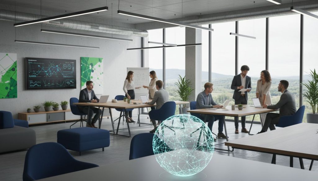 Un bureau moderne avec des personnes qui collaborent en groupe. De grandes fenêtres offrent une vue sur l'extérieur. Des tableaux numériques et un hologramme de globe numérique lumineux soulignent l'expertise de l'équipe en matière de création de site internet et de référencement SEO.