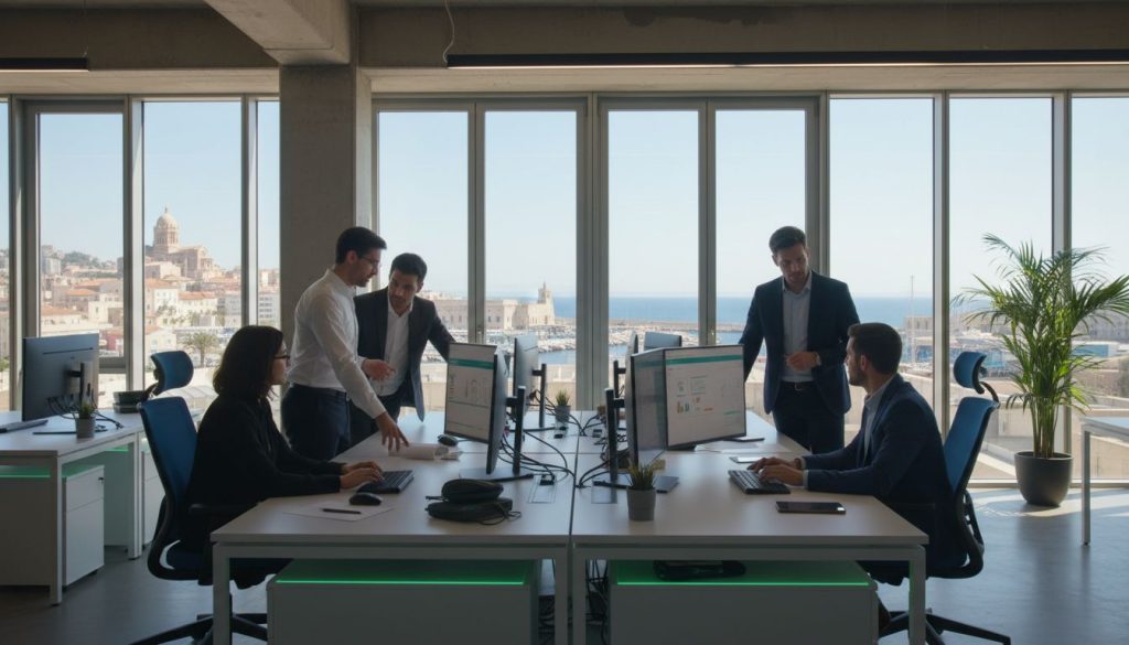 Cinq professionnels collaborent dans un bureau moderne d'une agence web à Marseille, avec de grandes fenêtres donnant sur le paysage urbain côtier et la mer. Deux d'entre eux travaillent sur des ordinateurs, tandis que trois autres discutent à proximité. Une plante en pot trône dans un coin.