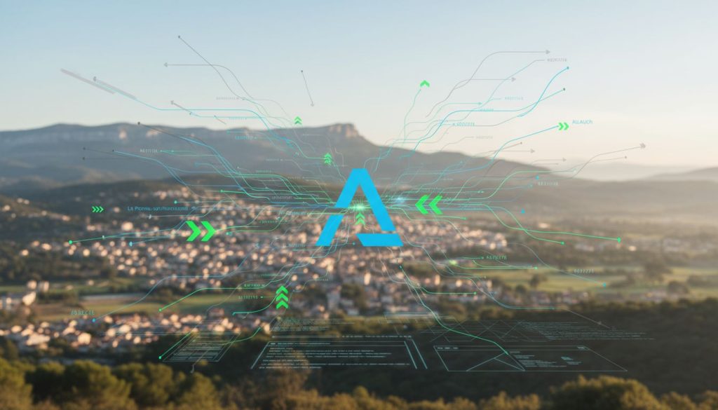 Un A bleu numérique avec des lignes de données abstraites et des éléments technologiques se superpose à un paysage flou d'une ville près des montagnes, symbolisant la technologie et l'intégration des données dans les environnements urbains - reflétant parfaitement l'esprit d'innovation d'une agence web d'Aubagne.