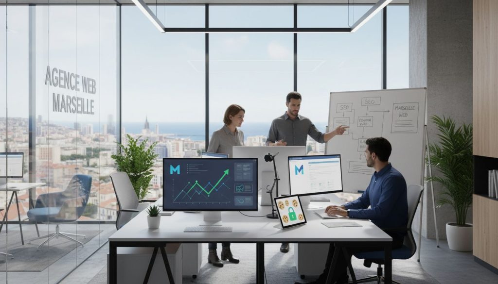 Trois personnes collaborent dans un bureau moderne doté de grandes fenêtres donnant sur la ville. Dans cette Agence web à Marseille, une personne fait une présentation au tableau blanc, tandis que deux autres travaillent à des bureaux équipés d'ordinateurs affichant des graphiques et un site web.