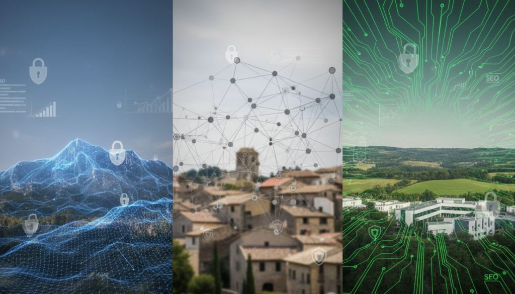 Un triptyque montre : un paysage de montagne numérique avec des cadenas de sécurité, un village près d'Aubagne et d'Allauch avec des connexions réseau, et une scène rurale de Gémenos avec des circuits verts, symbolisant la technologie et la connectivité dans différents environnements.