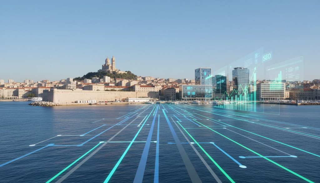 Un paysage urbain côtier à Medusa Marseille avec des lignes de données numériques et des graphiques superposés sur l'eau, symbolisant la technologie et la connectivité. Des bâtiments et une cathédrale au sommet d'une colline s'élèvent à l'arrière-plan sous un ciel bleu clair.