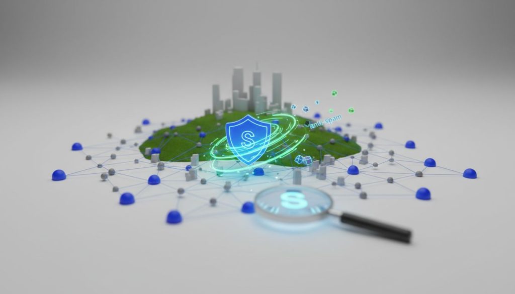 Illustration numérique d'une ville sur un terrain vert, entourée de nœuds de réseau connectés. Un bouclier bleu avec un S symbolise la cybersécurité, tandis qu'une loupe avec un S inspecte le réseau local SEO d'Aubagne.