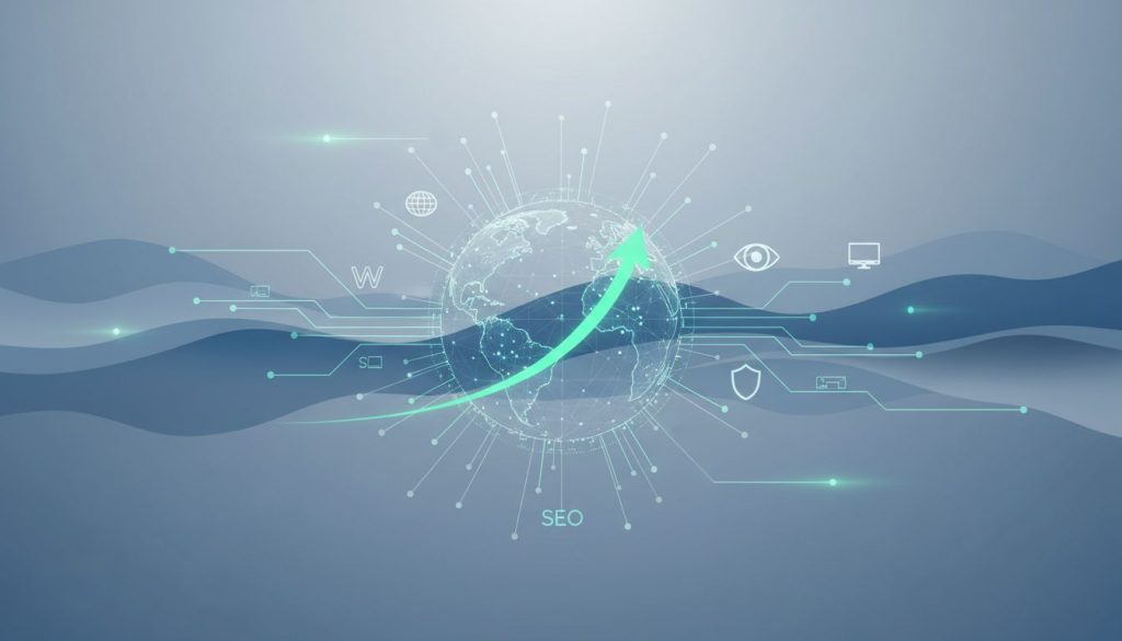 Illustration numérique d'un globe avec des icônes de technologie et d'internet reliées par des lignes, une flèche montante encerclant le globe, et "SEO" en dessous, symbolisant la croissance mondiale en ligne - parfait pour les agences web d'Aubagne expertes en référencement.