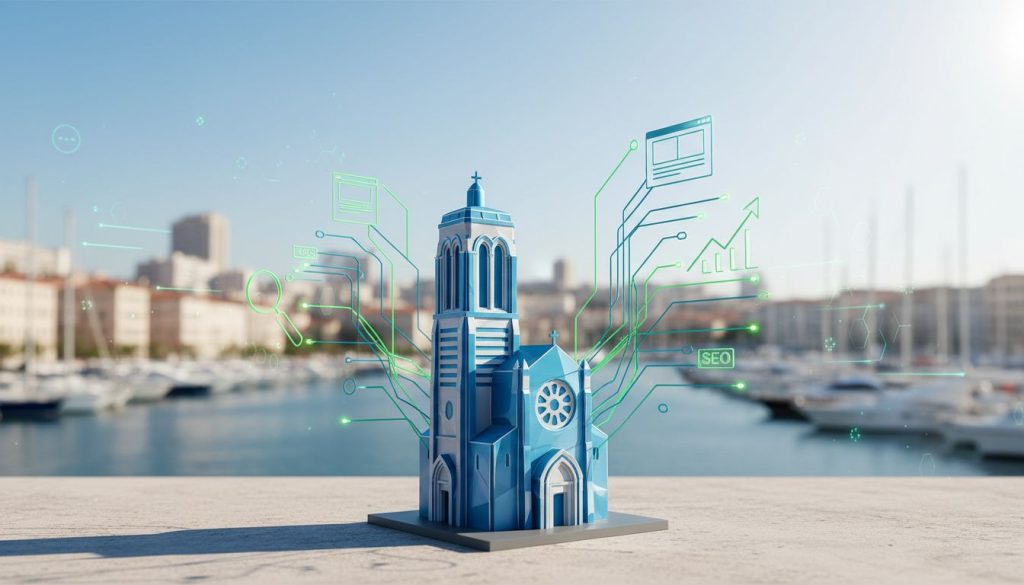 Une petite maquette bleue d'une cathédrale est posée sur une corniche au bord d'un port, avec des graphiques numériques représentant des données et des concepts de référencement, reflétant parfaitement l'esprit d'innovation d'une agence web marseillaise ; les bateaux et les bâtiments de la ville s'estompent à l'arrière-plan.