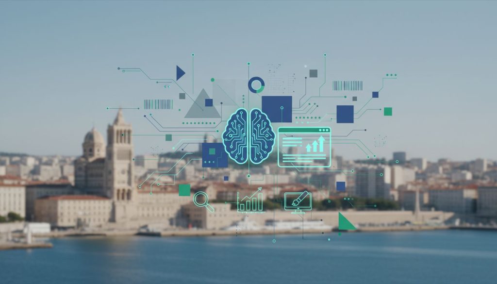 La ligne d'horizon d'une ville côtière avec des bâtiments historiques est superposée à des graphiques numériques représentant un cerveau, des diagrammes et des icônes technologiques, symbolisant la manière dont les Agences web à Marseille intègrent l'intelligence artificielle et l'analyse des données.