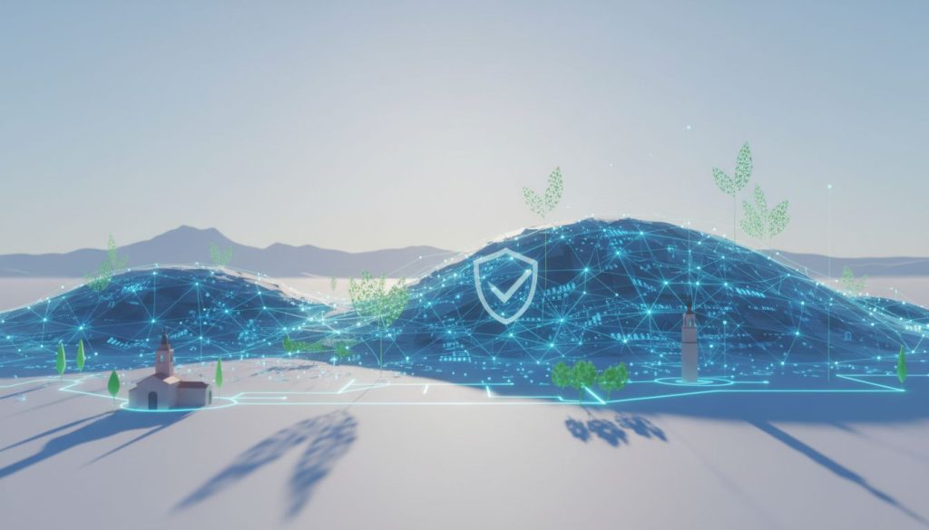 Un paysage numérique avec des collines en fil de fer, des plantes vertes et des icônes de sécurité superposées, mêlant nature et technologie. Au premier plan, de petits bâtiments évoquent le SEO local et la conformité CNIL, le tout sous un ciel doux et dégagé.